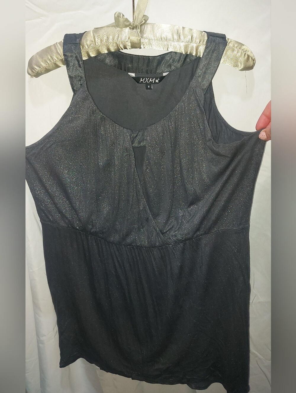 MXM Black Shimmer Sleeveless Faux Wrap-Front Top